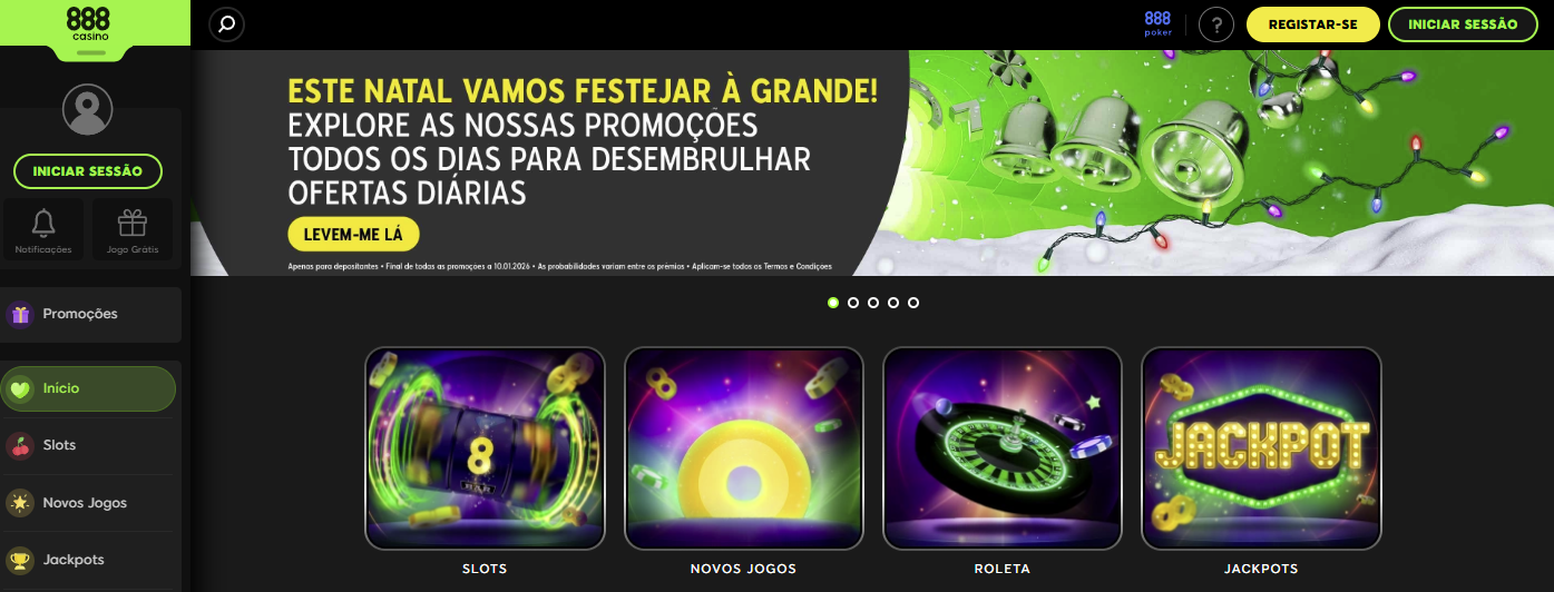 Interface principal da 888 Casino em tons claros